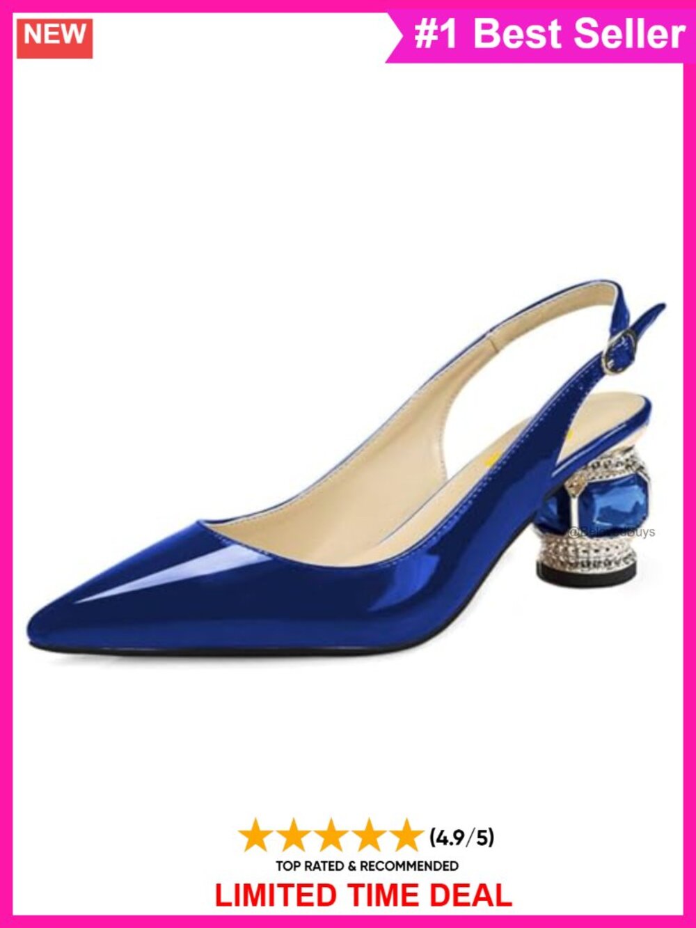 FSJ Women's Pointed Toe Slingback Rhinestone Pumps Low Heel Wedding